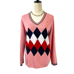 TOMMY HILFIGER Argyle V-Neck Pink Sweater Size L